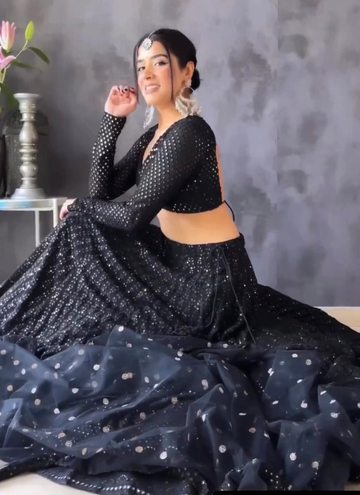 Foil Mirror Work Black Georgette Wedding Lehenga Choli Set